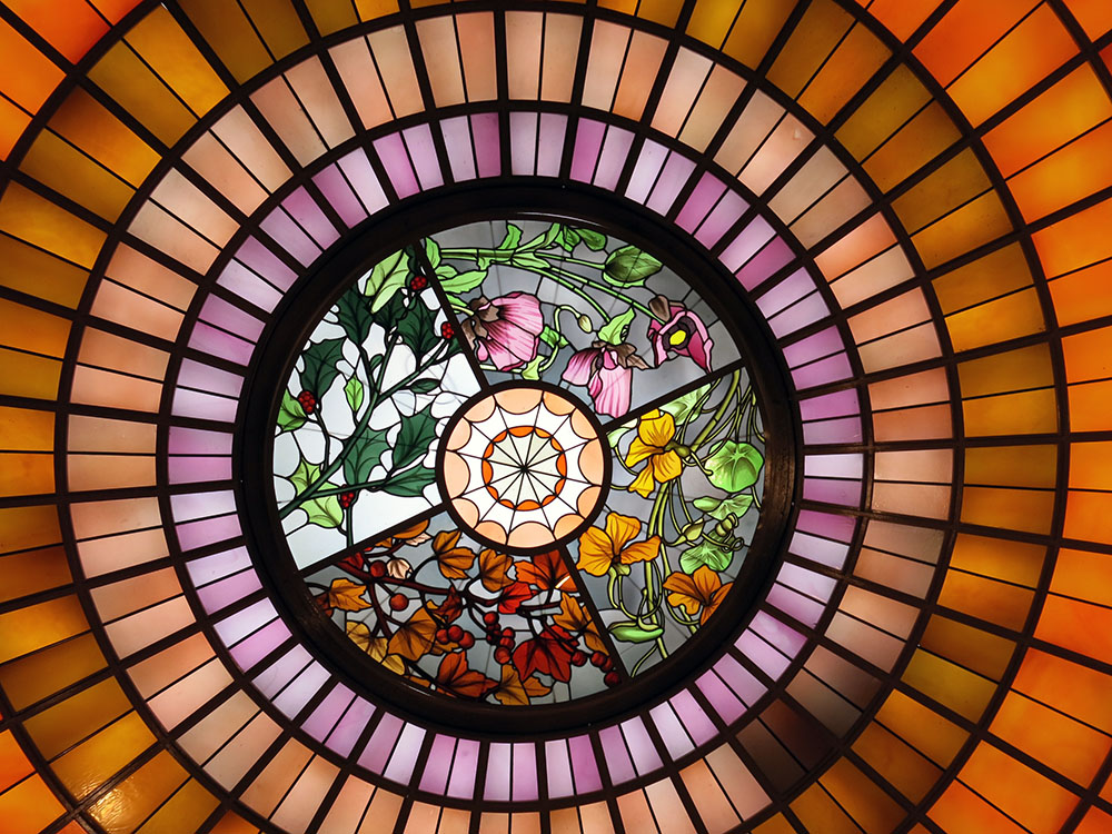 Art Deco stained glass Ceiling depicts the Four Seasons , at Hotel Vier Jahreszeiten, Munich